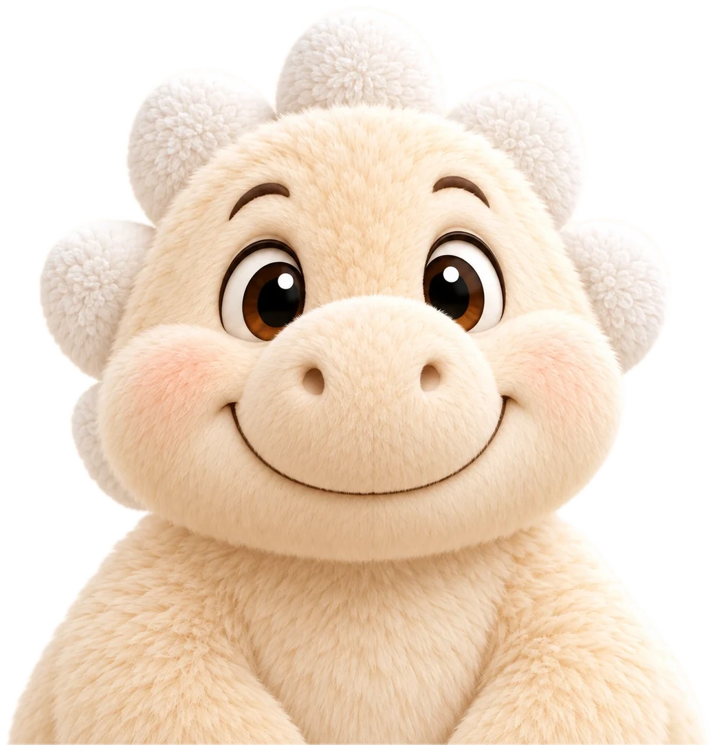 Myles, a plush dinosaur, looking up at you