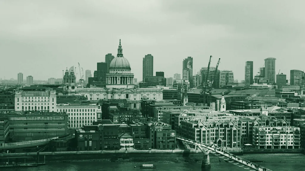 The City of London skyline around St Paul's, toned in green