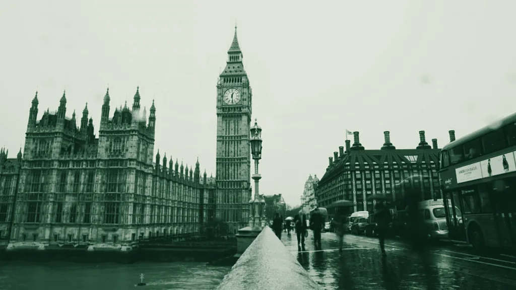 Westminster and Big Ben on a wet London day, toned in green